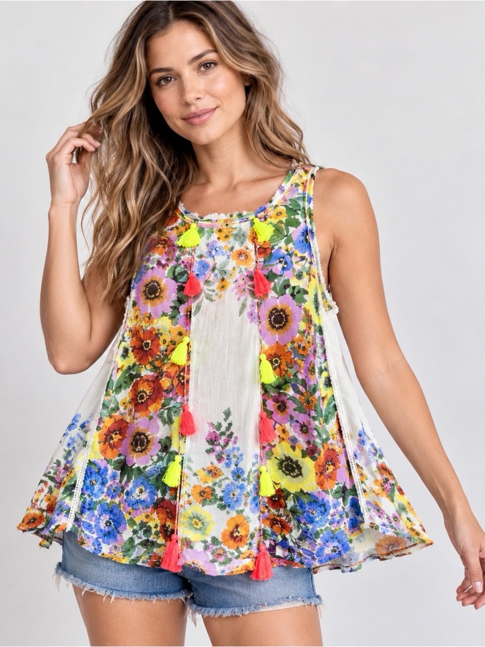 Anthropologie Raga Floral Swing Top XS NWT Boho Neon Tassel Festival Embroidered